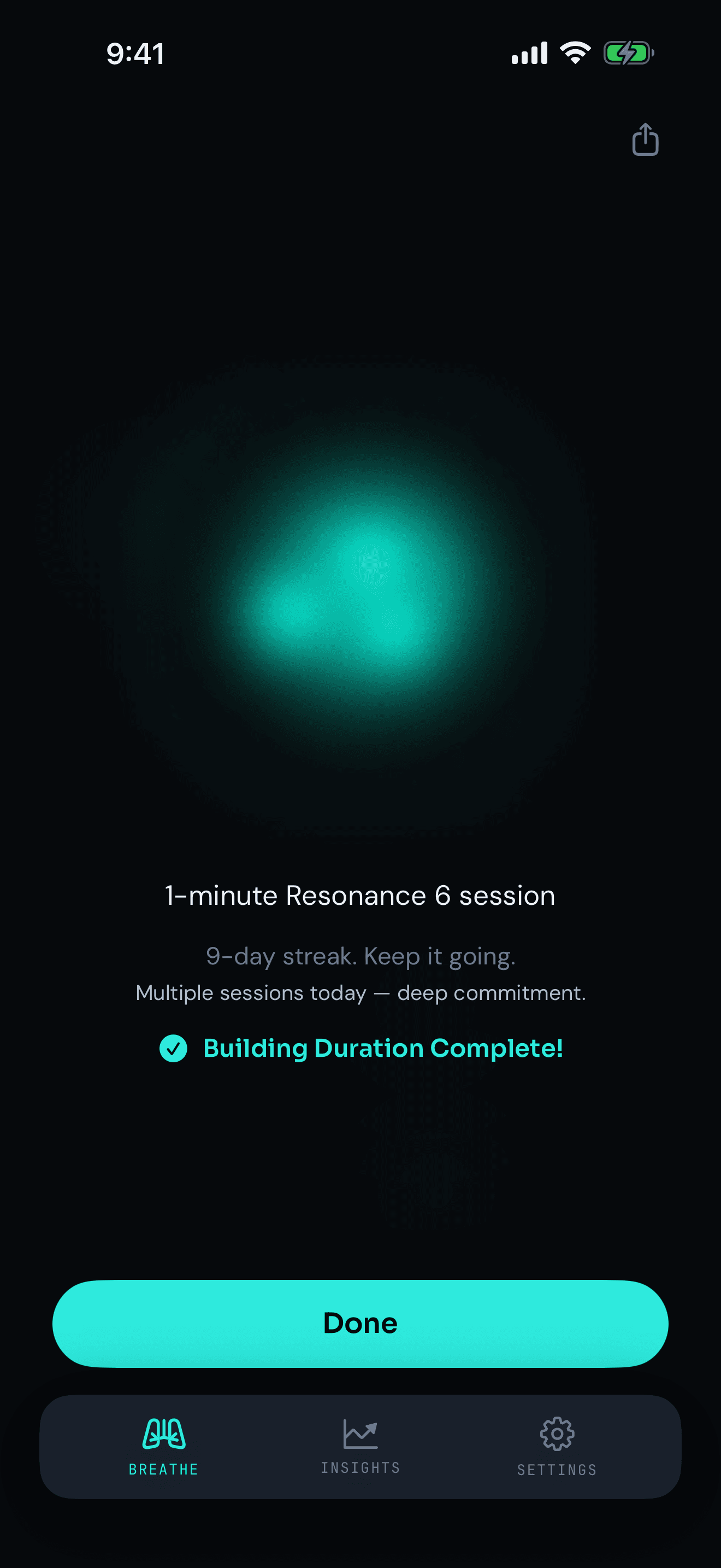 HRV Breathe session-complete screen. Shows 1-minute Resonance 6 session, 9-day streak, and program day completion.