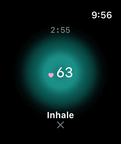 HRV Breathe on Apple Watch during a session: a large teal blob fills the screen with a pink heart icon and the number 63 inside it, 2:55 remaining above, and the word Inhale below.