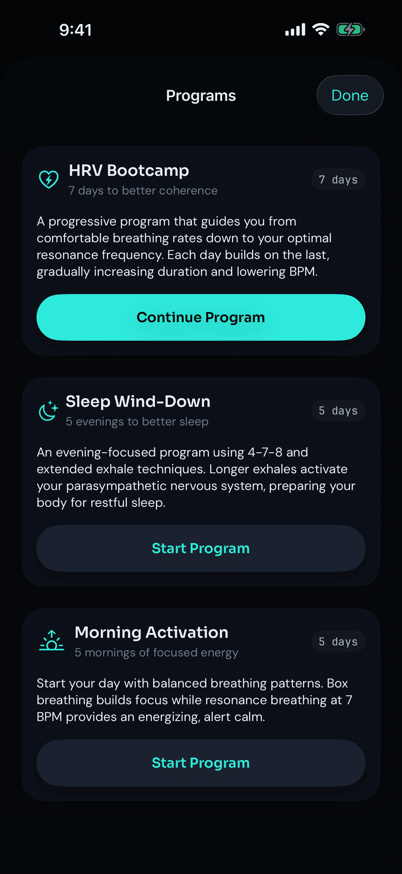 HRV Breathe Programs catalog: HRV Bootcamp (Day 4 of 7, Continue Program), Sleep Wind-Down (5 days, Start Program), Morning Activation (5 days, Start Program).