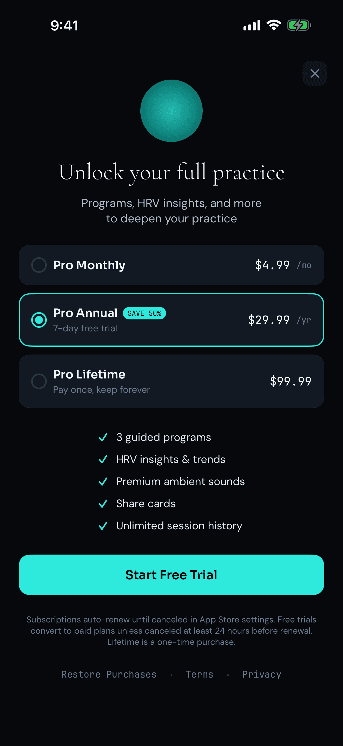 HRV Breathe Pro paywall: Monthly $4.99, Annual $29.99 (Save 50%, 7-day free trial), Lifetime $99.99. Start Free Trial button.